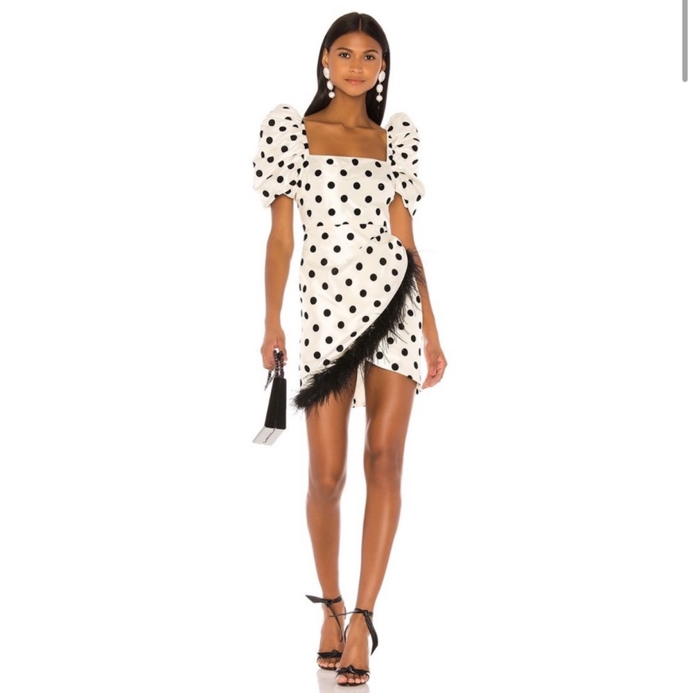 LPA Revolve Hailey Feather Trim Mini Dress in Ivory & Black Polka Dot